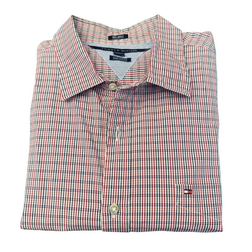 Tommy Hilfiger Mens XL Custom Fit Tattersall Check Shirt Red White Blue 80s 2Ply - Picture 1 of 8